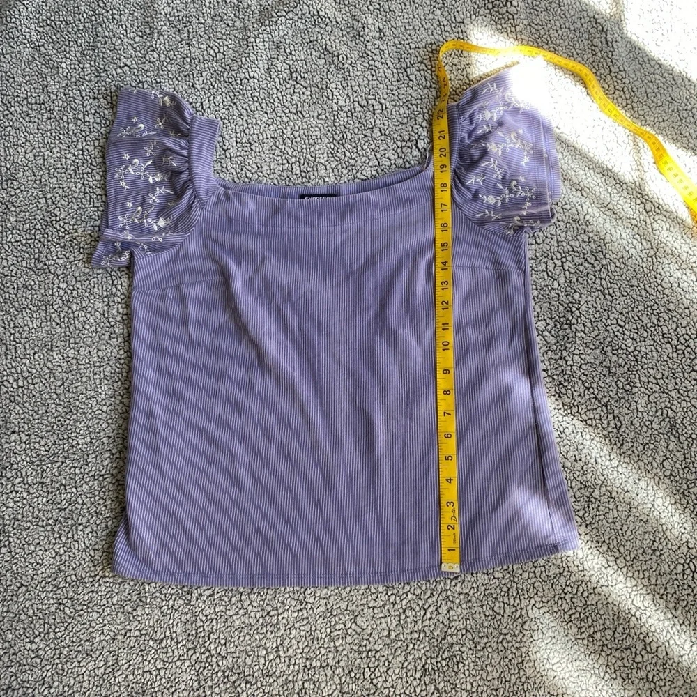 Express Lavender Ribbed Square-Neck Puff-Sleeve Crop Top - Picture 2 of 6